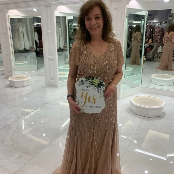 tan beaded dress Ellie Wilde 37111 Long Formal Beaded Ball Gown Prom Dress main image 0
